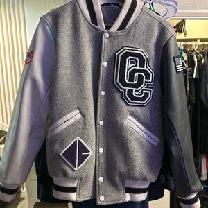 Opening Ceremony OC Varsity Jacket Grey Wool + Leather Sleeves Chenille Patch